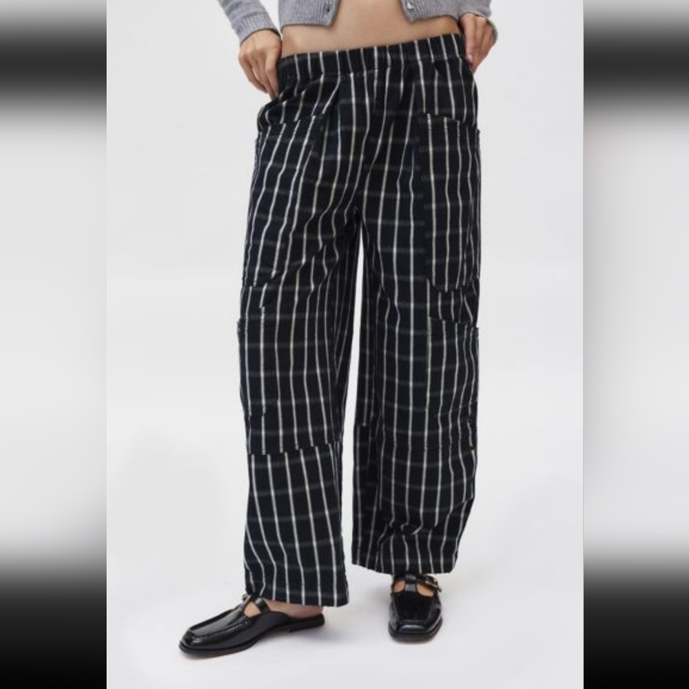 BDG Black Wide-Leg Plaid Pants with White Stripes